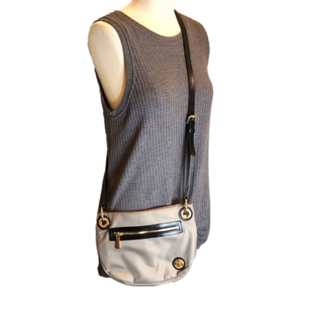 Vince Camuto Beige Crossbody Bag with Black Strap and Gold Hardware